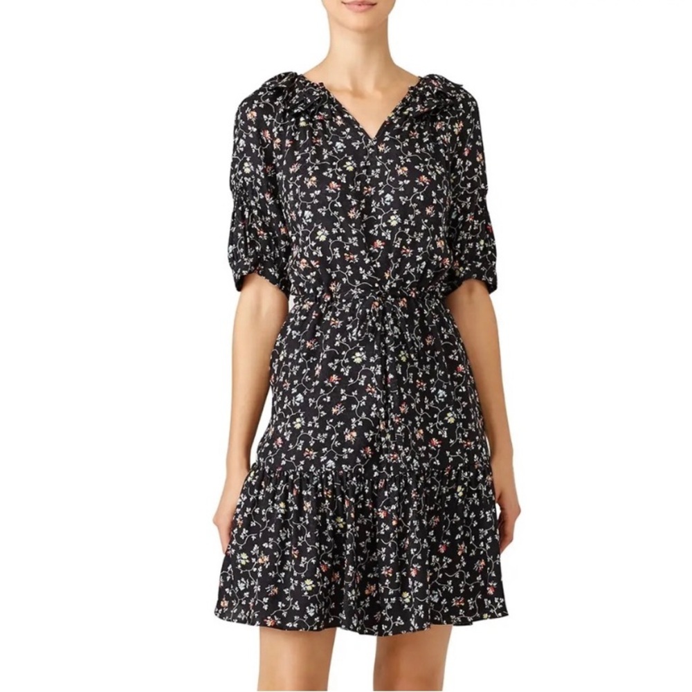 Rebecca Taylor Black Floral Silk Mini Dress Tiered Size 2
